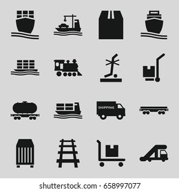 Freight icons set. set of 16 freight filled icons such as truck crane, no standing nearby, cargo on cart, cargo container, locomotive, railway