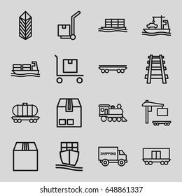 Freight icons set. set of 16 freight outline icons such as cargo, cargo on cart, locomotive, railway