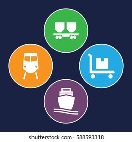 freight icons set. Set of 4 freight filled icons such as train, cargo on cart, cargo wagon