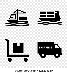 Freight icons set. set of 4 freight filled icons such as cargo on cart, cargo ship