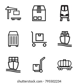 Freight icons. set of 9 editable outline freight icons such as cargo on cart, cargo container