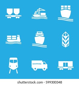 freight icons set. Set of 9 freight filled icons such as train, cargo, cargo wagon, cargo ship
