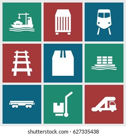 Freight icons set. set of 9 freight filled icons such as train, truck crane, cargo on cart, cargo container
