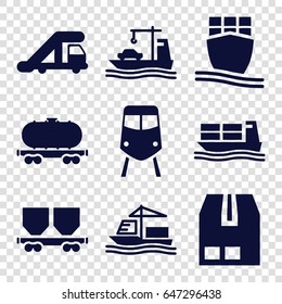 Freight icons set. set of 9 freight filled icons such as train, truck crane, cargo container, cargo wagon