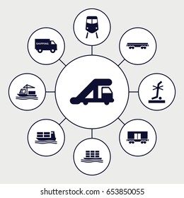 Freight icons set. set of 9 freight filled icons such as train, truck crane, no standing nearby, cargo wagon, cargo ship
