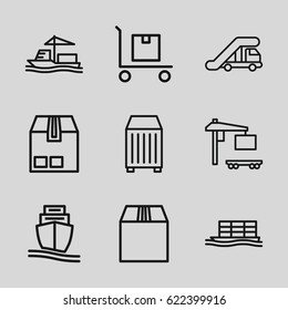 Freight icons set. set of 9 freight outline icons such as truck crane, cargo on cart