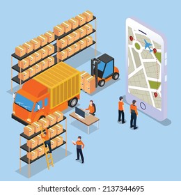 Freight industry logistics with GPS tracker app on a cellphone isometric 3d vector icon concept for banner, website, illustration, landing page, flyer, etc.