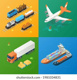 Logística y transporte de la industria del transporte de mercancías. Concepto de red logística global. Conjunto de aviones, vagones, barcos y trenes para el transporte de carga. Isometric cartographic vectorial