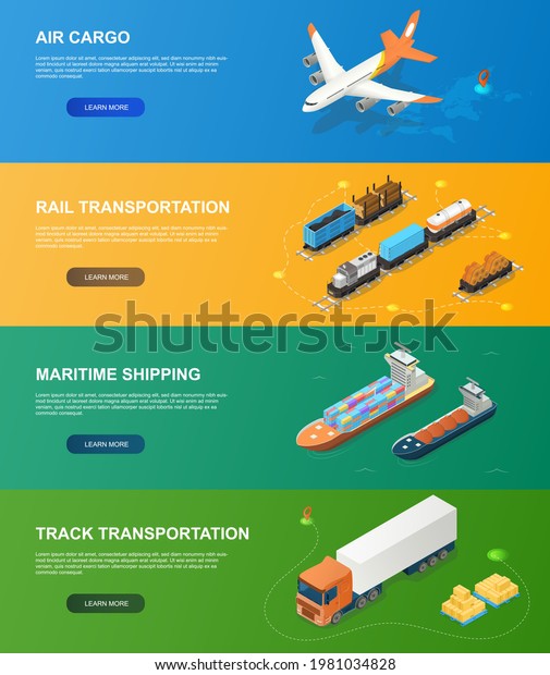 Freight industry logistics and\
transportation with different vehicles. Concept of global logistics\
network. Website, web page, landing page template. Isometric\
cartoon vector\
illustration