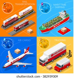 Freight Infographic. Global Trade. Logistics Transportation Vehicle 3D Isometric Vector Objects Maritime Cargo Ship Truck Van Train Air Plane Rail Vector Collection. Fast Delivery Worldwide.