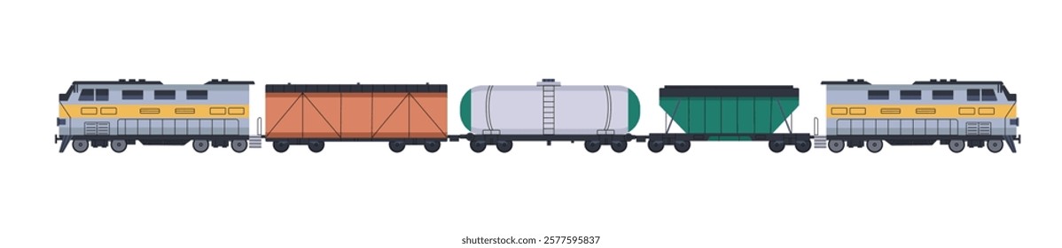 Freight locomotive engine side view. Goods train with different wagons: containers, tank. Cargo railroad transport. Rail vehicle for railway trucking. Flat isolated vector illustration on white