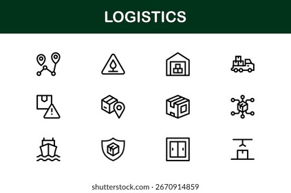 Iconos de carga y logística: paquete de Vector de contorno lineal plano que incluye camión, almacén, carga, entrega, paquete, caja, cadena de suministro, Colección limpia mínima para Web y App