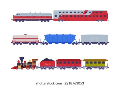 Freight and passenger rail transport set. Railway locomotive train with wagons flat vector illustration