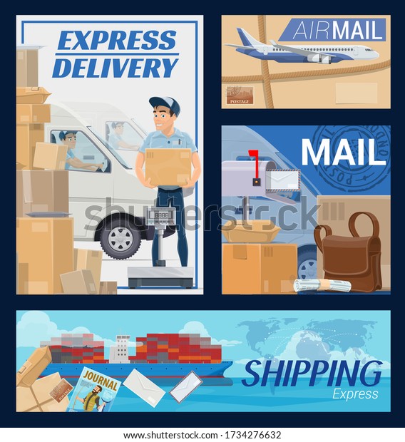Freight\
and post mail parcels delivery, courier an postman. Cartoon van,\
airplane and shipping post and parcel worldwide delivery. Express\
shipment service, post office, mailman with\
box