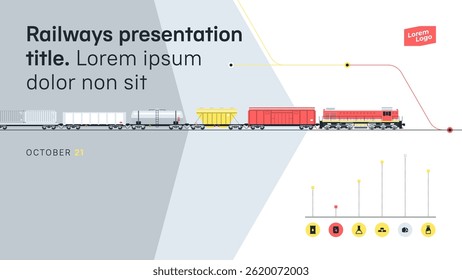 Freight rail transportation. A cover for a presentation, annual report, website, brochure, booklet, and the like