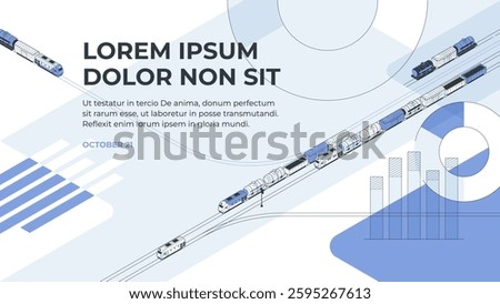 Freight rail transportation. A cover for a presentation, booklet, annual report, or something like that. Vector illustration in isometric projection. All strokes are editable