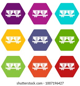 Freight railroad car icon set many color hexahedron isolated on white vector illustration