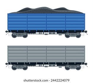 Coche de ferrocarril de carga aislado sobre fondo blanco. Vagón de carga con carbón. Flatcar parte del tren de carga. Transporte ferroviario. Ilustración vectorial plana