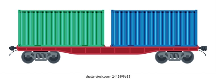 Freight railroad car isolated on white background. Freight container platform wagon. Flatcar part of cargo train. Industrial railroad transportation. Flat vector illustration