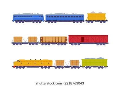 Freight railway transport set. Logistic and cargo transportation flat vector illustration