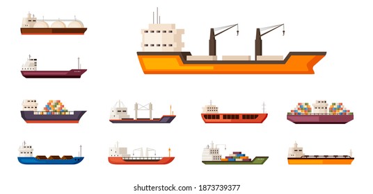 Freight sea container ships set. Heavy ships with loading cranes on board Large transport water carriers with industrial volume commercial tankers with sea delivery any ports. Vector cargo flat