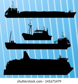 Freight ship, fishing boat and travel ferry boat set silhouettes vector background
