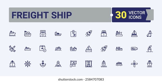 Freight Ship icon set. It contains symbols to sail, car, transport, yacht, port, vessel, tank. Minimal icons. Editable vector icon and illustration.