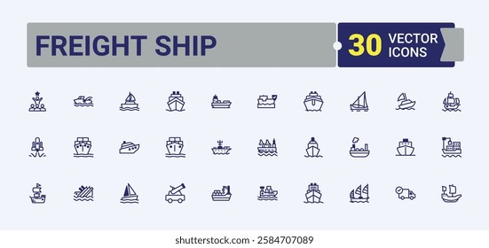 Freight Ship icon set. It contains symbols to sail, car, transport, yacht, port, vessel, tank. Minimal icons. Editable vector icon and illustration.