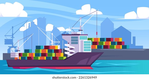 Barco de carga en el puerto. Embalse marino de caricatura con contenedores de carga de barcazas, terminales portuarias internacionales y astilleros con buques. Ilustración plana vectorial. Importación de bienes, comercio mundial