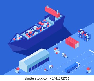 Freight ship unloading isometric vector illustration. Shipment distribution transport, forklifts and truck with cargo at logistics hub. Industrial shipping business, merchandise import and export