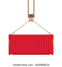 Freight shipping container hanging on crane hook isolated on white. Port crane lifts cargo red container.Worldwide delivery by marine transport or goods distribution to world.Stock vector illustration