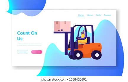 Freight Shipping and Logistics Website Landing Page. Worker Lifting Cargo on Forklift Machine in Warehouse Delivering Goods or Parcels to Storehouse Web Page Banner. Cartoon Flat Vector Illustration