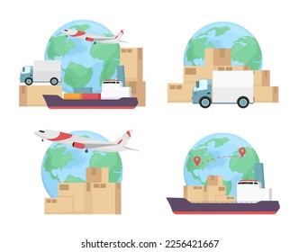 Freight shipping modes flat concept vector illustration set. Logistics. Editable 2D cartoon scene pack on white for web design. Delivery transports creative ideas for website, mobile, presentation