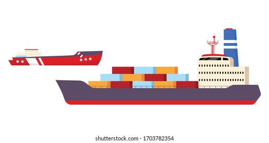 Freight ships flat color vector objects set. Industrial nautical vessels 2D isolated cartoon illustrations on white background. International cargo transportation, sea import, export business