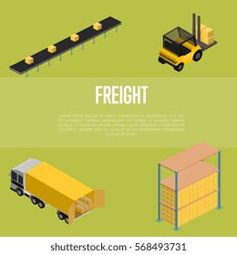 Freight storage isometric vector illustration. Forklift truck with packing boxes, warehouse terminal, truck loading process icons. Freight transportation, cargo shipment, distribution warehouse
