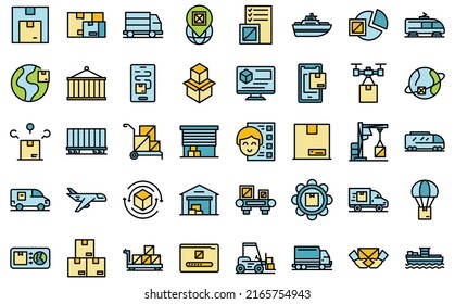 Freight traffic icons set outline vector. Train goods. Car cargo thin line color flat on white