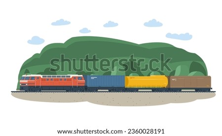 Freight train in the background of a rural landscape. Vector illustration.