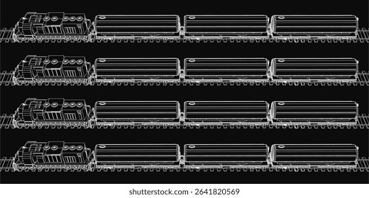 Freight train blueprint on black background features including tanks, engine, and cabins with distinct designs. Technical drawing highlights detailed components and structural elements.