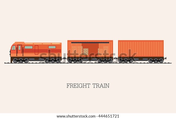 Freight train\
cargo cars isolated on background with Container and box freight\
train cars. Logistics heavy railway transport design elements .\
Flat style vector\
illustration.