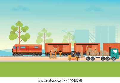 Freight Train Cargo ,Container And Box Freight Train With Truck, Logistics Heavy Railway Transport Design Elements. Flat Style Vector Illustration.