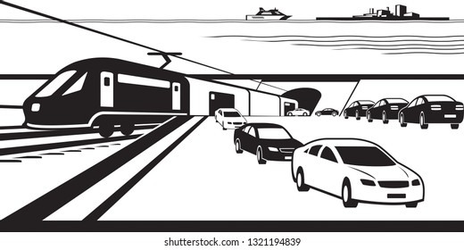 Freight train carries cars in underwater tunnel - vector illustration