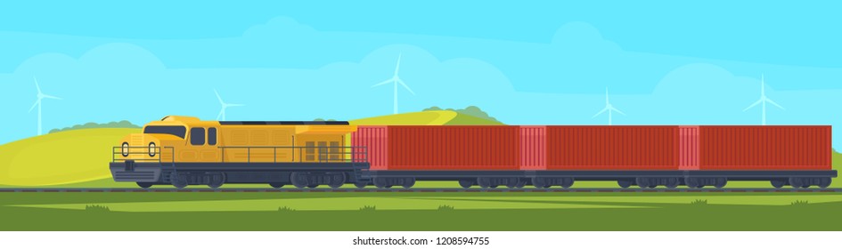 Freight train with container on railway car. Transportation by railroad. Nature landscape in a hilly area.Vector illustration.