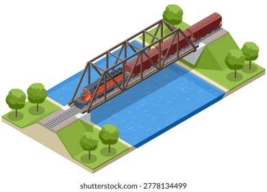 Freight train crossing an isometric steel bridge over a river. This scene illustrates infrastructure, civil engineering, landscape logistics, and heavy rail transport connectivity