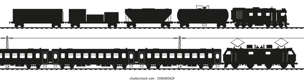 Freight train with diesel locomotive, passenger train with electric locomotive. Black silhouette isolated on white. Railway transport vector art.