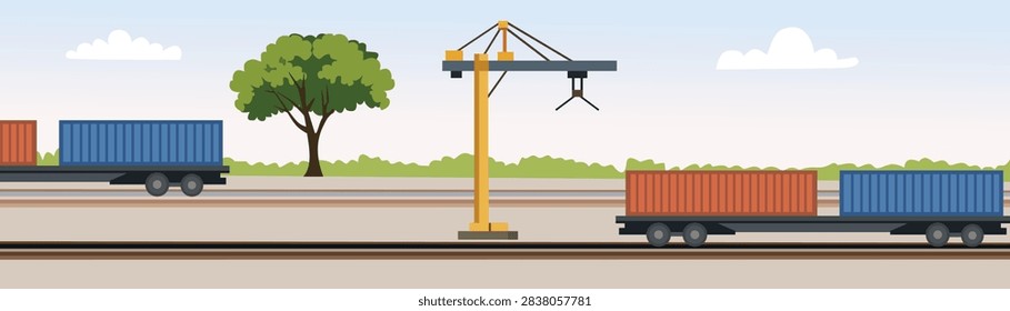 Freight Train Loading Containers with Crane Flat Illustration. Industrial Railway Cargo Loading Scene. Railway Freight Terminal with Crane.