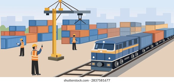 Freight Train Loading Shipping Containers in Logistics Port Illustration. Railway Logistics and Cargo Transportation Scene. People working.
