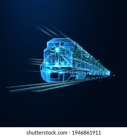 Freight train locomotive with freight, Abstract vector 3d. Isolated on  dark blue background. Transportation, logistics or international shipping concept. Digital polygonal low poly mesh illustration