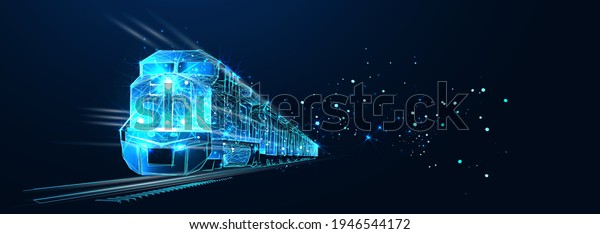 Freight train locomotive with freight,\
Abstract vector 3d. Isolated on  dark blue background.\
Transportation, logistics or international shipping concept.\
Digital polygonal low poly mesh\
illustration