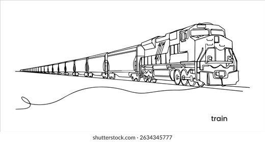 Freight train with locomotive continuous single line art drawing sketch on white background