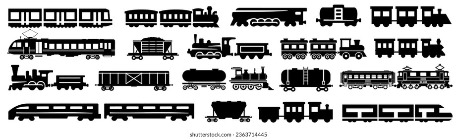 Freight train with locomotive, passenger train icons collection. Black silhouette of freight trains collection. Set of railway transport. Black wagon and locomotive